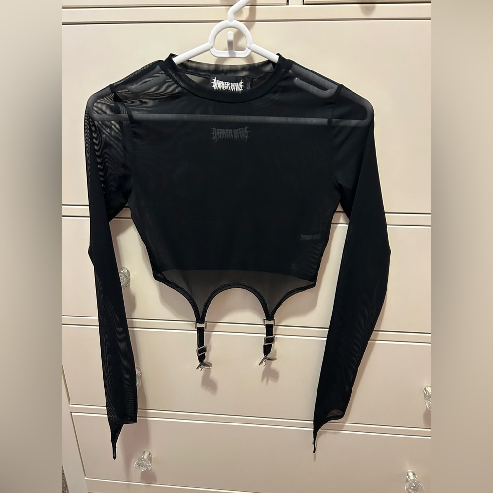 Darker Wave Black Mesh See Through Top with Pant Garters and Finger holes.